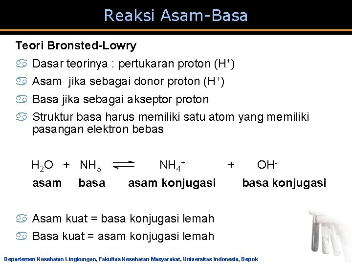 Reaksi Asam-Basa Teori Bronsted-Lowry a a Dasar teorinya : pertukaran proton (H+) Asam jika Reaksi Asam-Basa Teori Bronsted-Lowry a a Dasar teorinya : pertukaran proton (H+) Asam jika