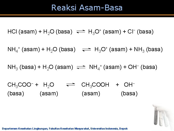 Reaksi Asam-Basa HCl (asam) + H 2 O (basa) H 3 O+ (asam) + Reaksi Asam-Basa HCl (asam) + H 2 O (basa) H 3 O+ (asam) +