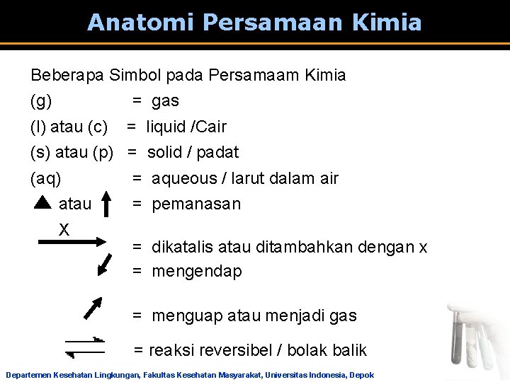 Anatomi Persamaan Kimia Beberapa Simbol pada Persamaam Kimia (g) = gas (l) atau (c)