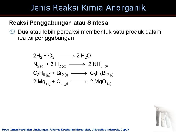 Jenis Reaksi Kimia Anorganik Reaksi Penggabungan atau Sintesa a Dua atau lebih pereaksi membentuk