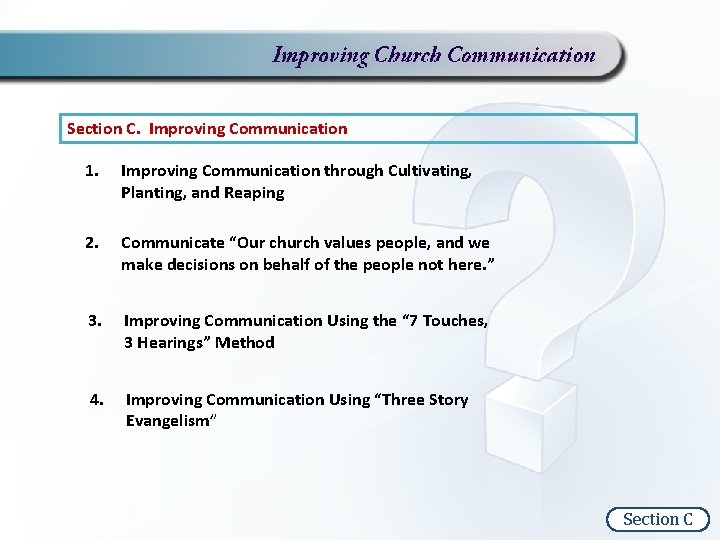 Section C. Improving Communication 1. Improving Communication through Cultivating, Planting, and Reaping 2. Communicate