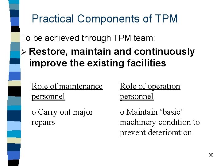 Practical Components of TPM To be achieved through TPM team: Ø Restore, maintain and