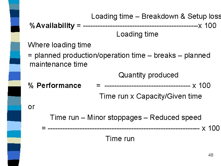 Loading time – Breakdown & Setup loss %Availability = ------------------------x 100 Loading time Where