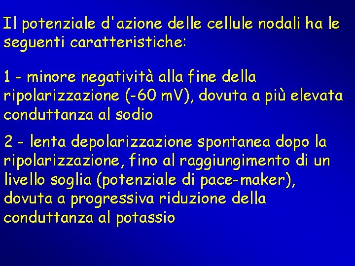 Il potenziale d'azione delle cellule nodali ha le seguenti caratteristiche: 1 - minore negatività Il potenziale d'azione delle cellule nodali ha le seguenti caratteristiche: 1 - minore negatività