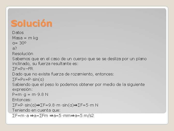 Solución Datos Masa = m kg α= 30º a? Resolución Sabemos que en el