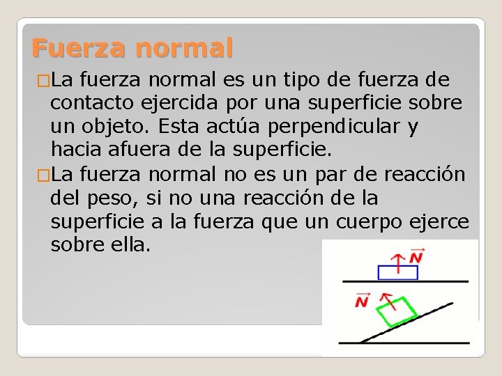 Fuerza normal �La fuerza normal es un tipo de fuerza de contacto ejercida por