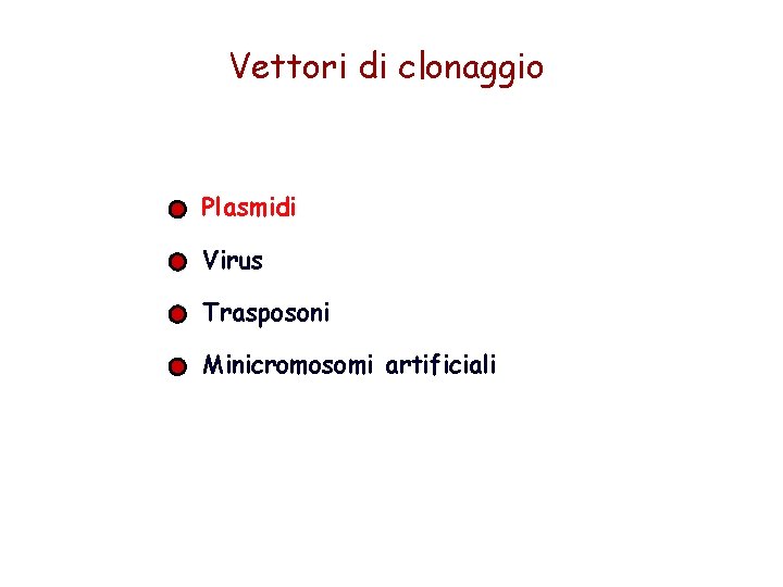 Vettori di clonaggio Plasmidi Virus Trasposoni Minicromosomi artificiali 