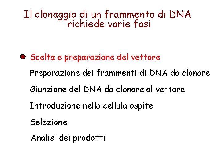 Il clonaggio di un frammento di DNA richiede varie fasi Scelta e preparazione del
