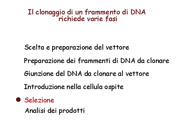 Il clonaggio di un frammento di DNA richiede varie fasi Scelta e preparazione del