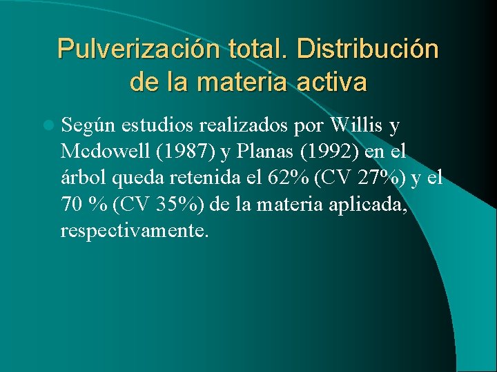 Pulverización total. Distribución de la materia activa l Según estudios realizados por Willis y