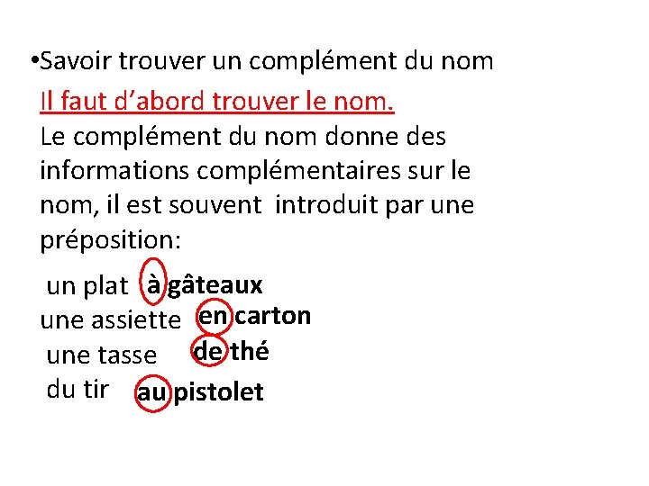  • Savoir trouver un complément du nom Il faut d’abord trouver le nom.