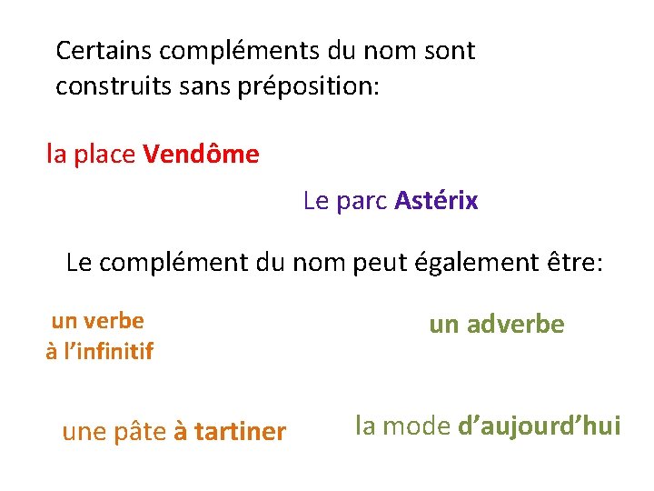 Certains compléments du nom sont construits sans préposition: la place Vendôme Le parc Astérix