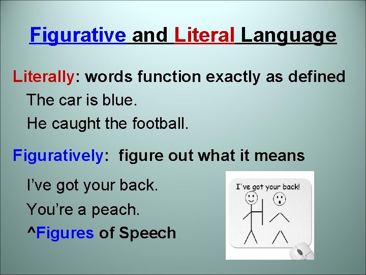 Figurative and Literal Language Literally: words function exactly as defined The car is blue.