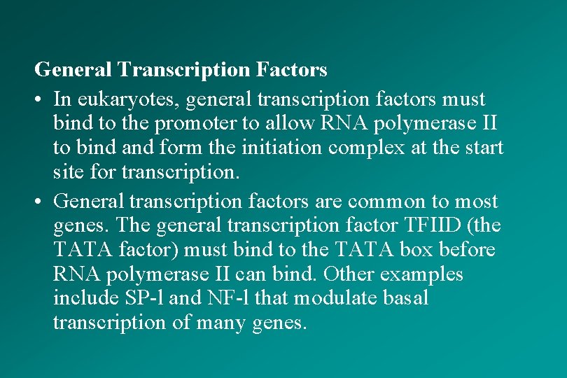 General Transcription Factors • In eukaryotes, general transcription factors must bind to the promoter