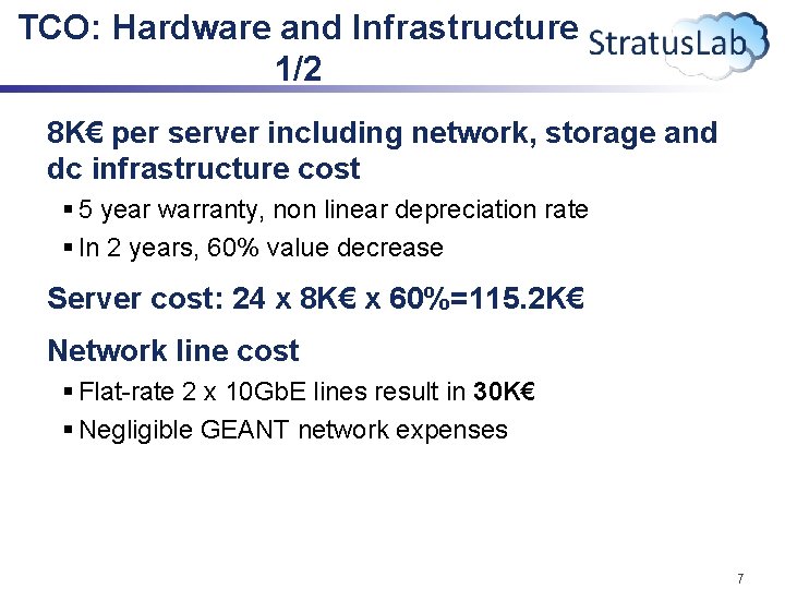 TCO: Hardware and Infrastructure 1/2 8 K€ per server including network, storage and dc