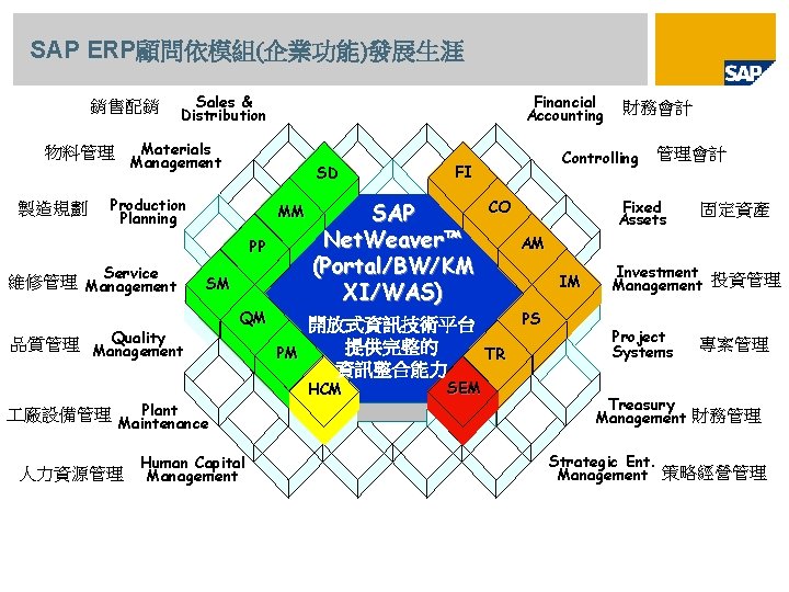 SAP ERP顧問依模組(企業功能)發展生涯 銷售配銷 Materials Management 物料管理 製造規劃 SD Production Planning MM PP Service 維修管理