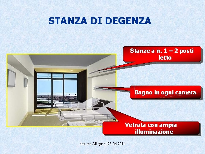 STANZA DI DEGENZA Stanze a n. 1 – 2 posti letto Bagno in ogni