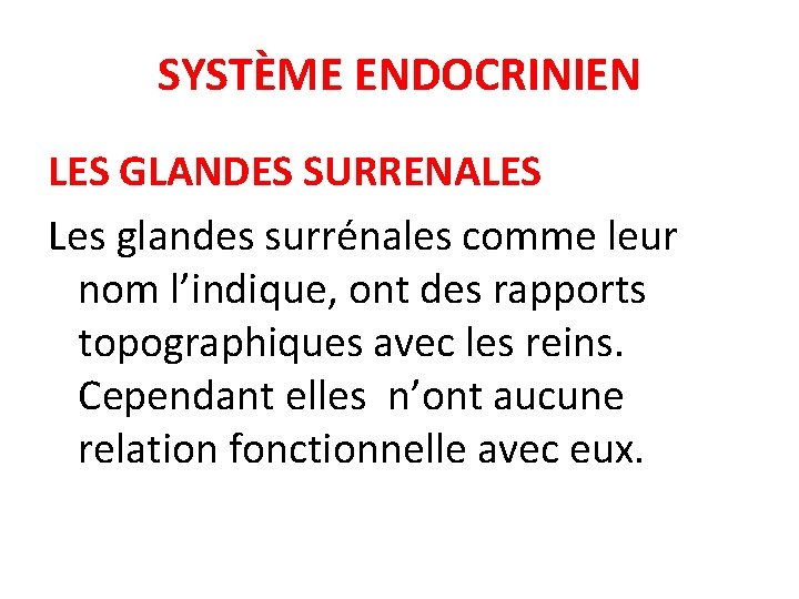 SYSTÈME ENDOCRINIEN LES GLANDES SURRENALES Les glandes surrénales comme leur nom l’indique, ont des