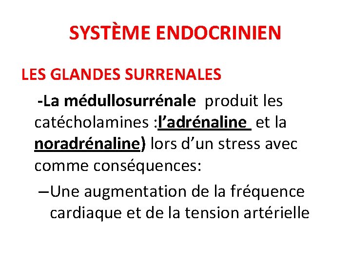 SYSTÈME ENDOCRINIEN LES GLANDES SURRENALES -La médullosurrénale produit les catécholamines : l’adrénaline et la