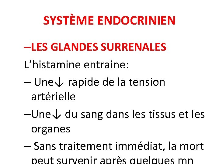 SYSTÈME ENDOCRINIEN –LES GLANDES SURRENALES L’histamine entraine: – Une↓ rapide de la tension artérielle