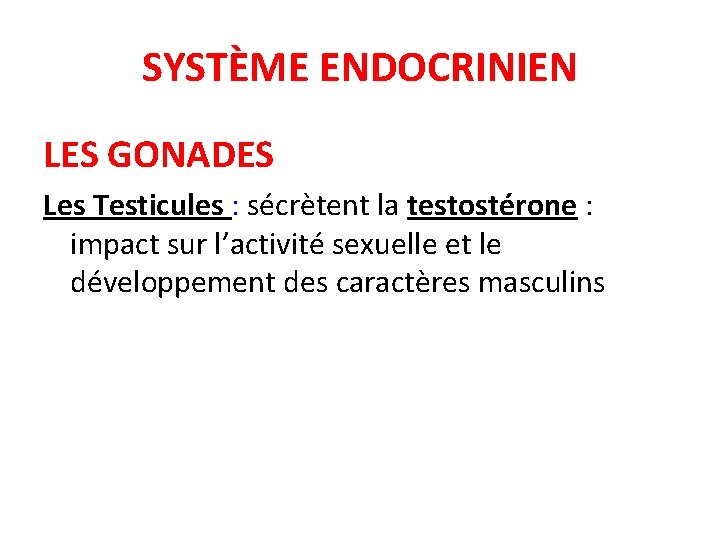 SYSTÈME ENDOCRINIEN LES GONADES Les Testicules : sécrètent la testostérone : impact sur l’activité