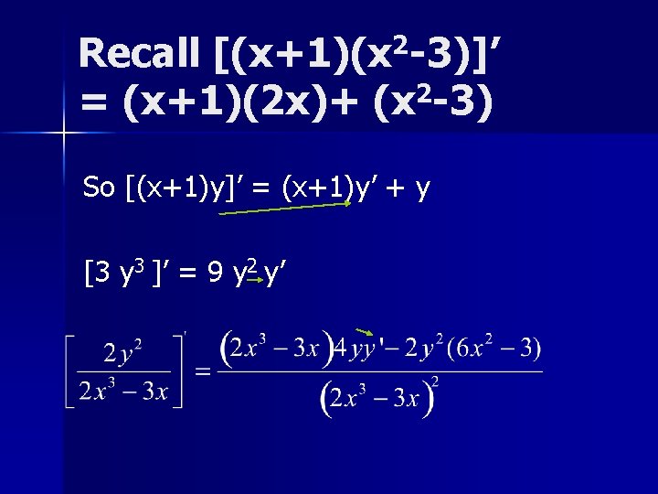 2 [(x+1)(x -3)]’ Recall = (x+1)(2 x)+ (x 2 -3) So [(x+1)y]’ = (x+1)y’