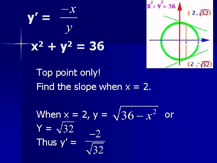 y’ = x 2 + y 2 = 36 Top point only! Find the