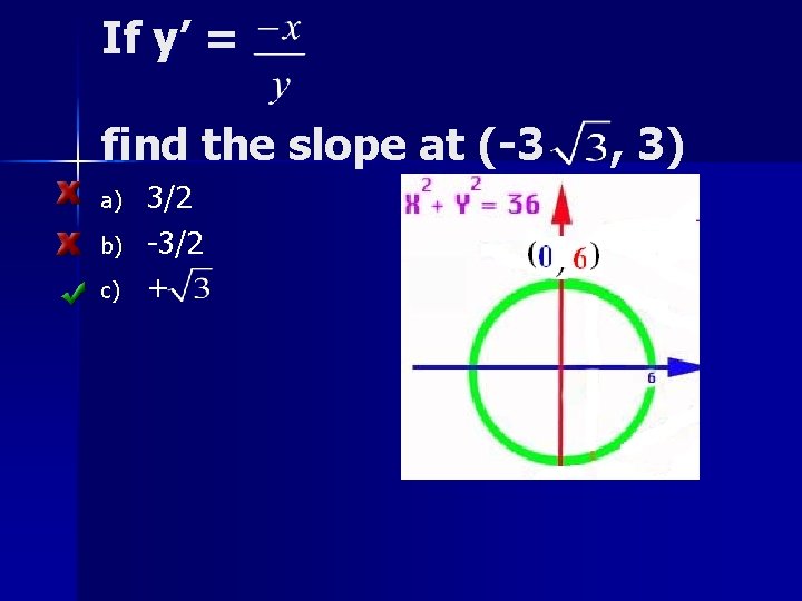 If y’ = find the slope at (-3 a) b) c) 3/2 -3/2 +