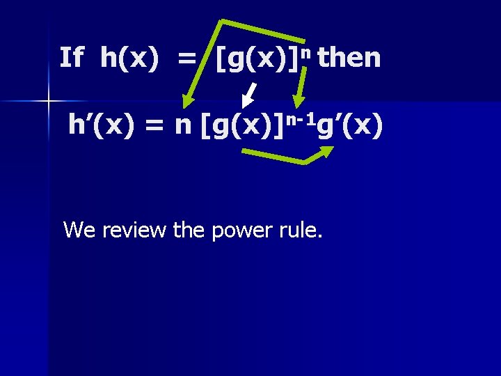 If h(x) = [g(x)]n then h’(x) = n [g(x)]n-1 g’(x) We review the power
