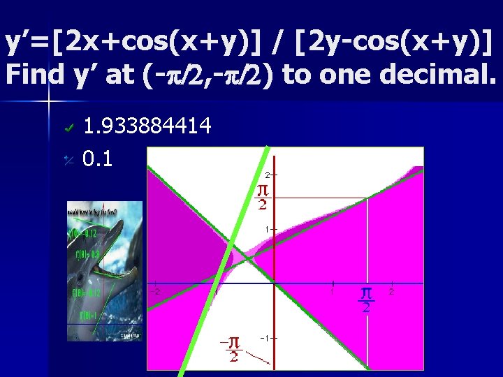y’=[2 x+cos(x+y)] / [2 y-cos(x+y)] Find y’ at (-p/2, -p/2) to one decimal. 1.