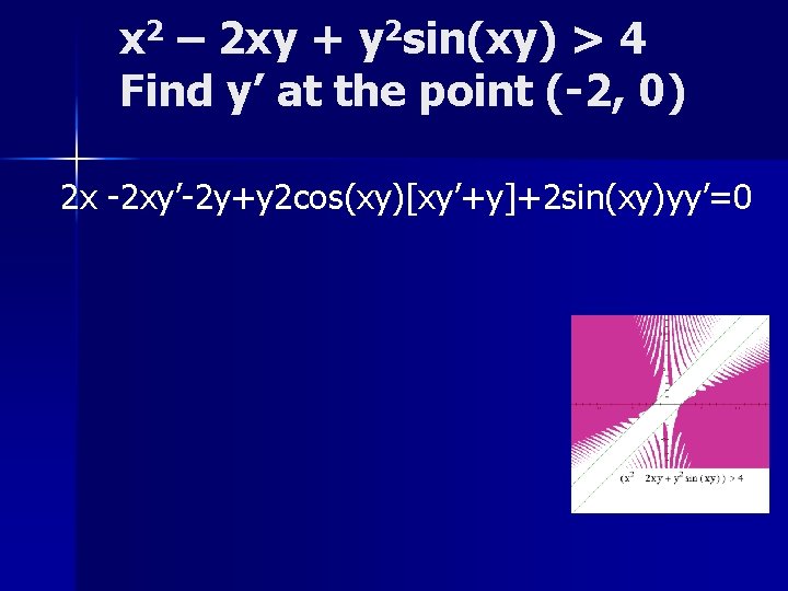 x 2 – 2 xy + y 2 sin(xy) > 4 Find y’ at