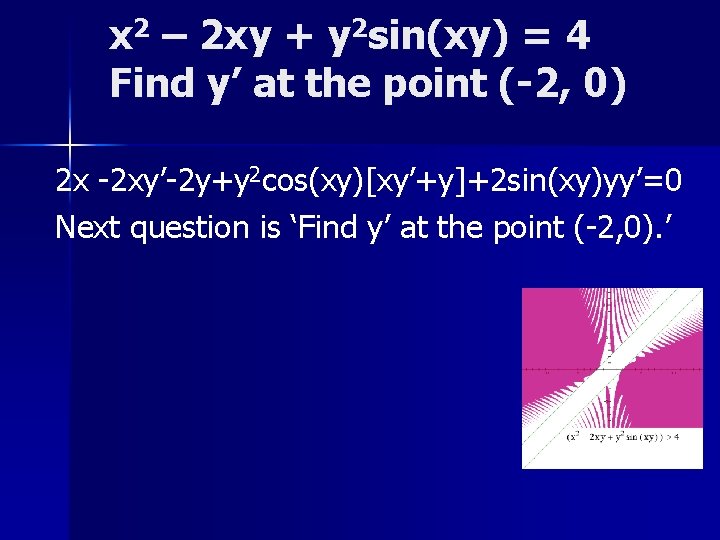 x 2 – 2 xy + y 2 sin(xy) = 4 Find y’ at