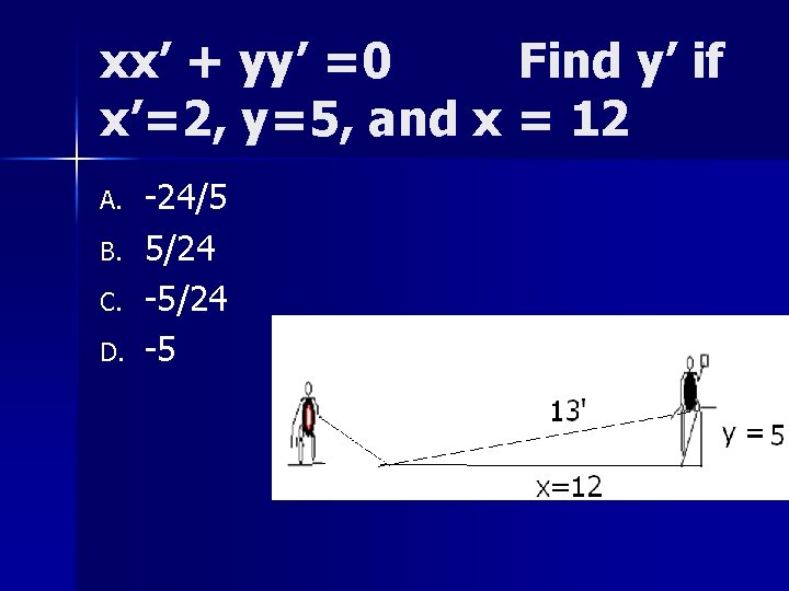 xx’ + yy’ =0 Find y’ if x’=2, y=5, and x = 12 A.