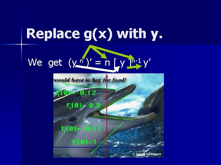 Replace g(x) with y. We get (y n )’ = n [ y ]n-1