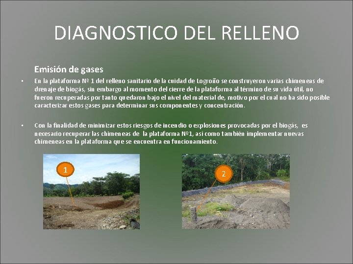 DIAGNOSTICO DEL RELLENO Emisión de gases • • En la plataforma Nº 1 del