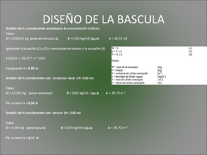 DISEÑO DE LA BASCULA Analisis del h considerando unicamente la estructura (H= 0, 80