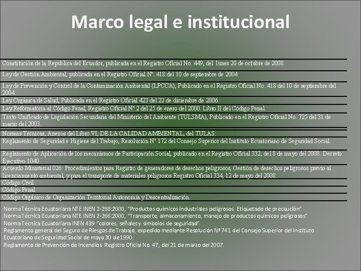 Marco legal e institucional Constitución de la República del Ecuador, publicada en el Registro