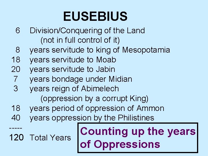 EUSEBIUS 6 8 18 20 7 3 18 40 ----- Division/Conquering of the Land
