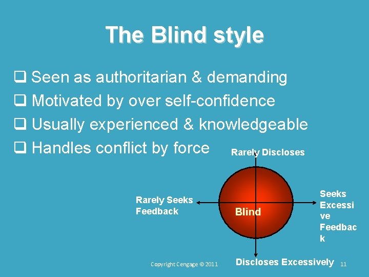 The Blind style q Seen as authoritarian & demanding q Motivated by over self The Blind style q Seen as authoritarian & demanding q Motivated by over self