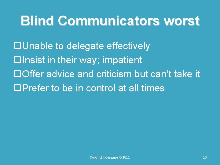 Blind Communicators worst q. Unable to delegate effectively q. Insist in their way; impatient Blind Communicators worst q. Unable to delegate effectively q. Insist in their way; impatient