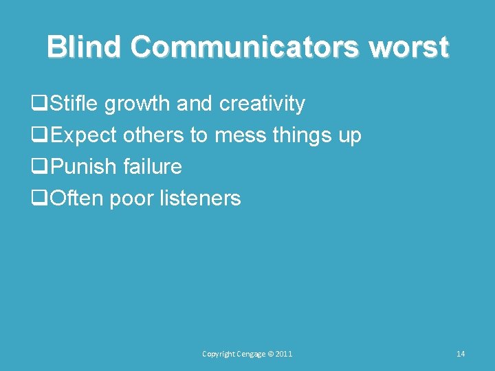 Blind Communicators worst q. Stifle growth and creativity q. Expect others to mess things Blind Communicators worst q. Stifle growth and creativity q. Expect others to mess things