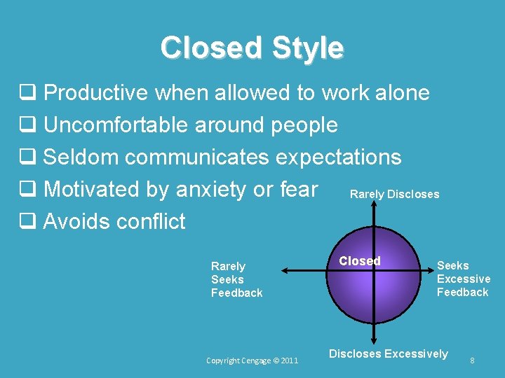 Closed Style q Productive when allowed to work alone q Uncomfortable around people q Closed Style q Productive when allowed to work alone q Uncomfortable around people q