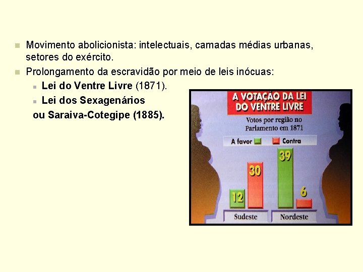 n n Movimento abolicionista: intelectuais, camadas médias urbanas, setores do exército. Prolongamento da escravidão