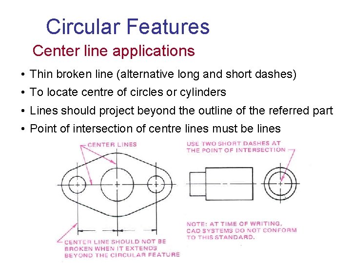 Circular Features Center line applications • Thin broken line (alternative long and short dashes)