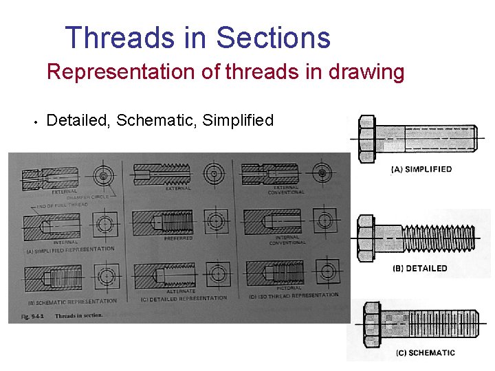 Threads in Sections Representation of threads in drawing • Detailed, Schematic, Simplified 
