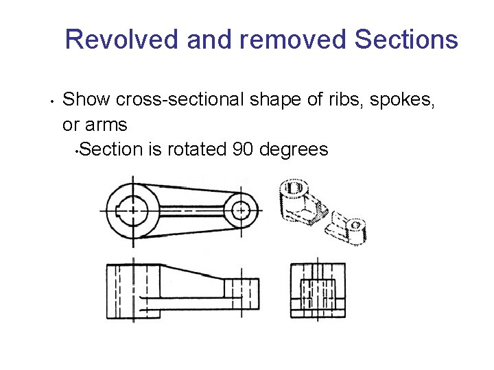 Revolved and removed Sections • Show cross-sectional shape of ribs, spokes, or arms •