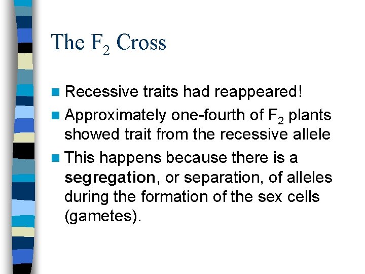 The F 2 Cross n Recessive traits had reappeared! n Approximately one-fourth of F