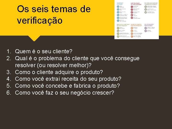 Os seis temas de verificação 1. Quem é o seu cliente? 2. Qual é