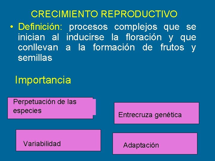 CRECIMIENTO REPRODUCTIVO • Definición: procesos complejos que se inician al inducirse la floración y CRECIMIENTO REPRODUCTIVO • Definición: procesos complejos que se inician al inducirse la floración y