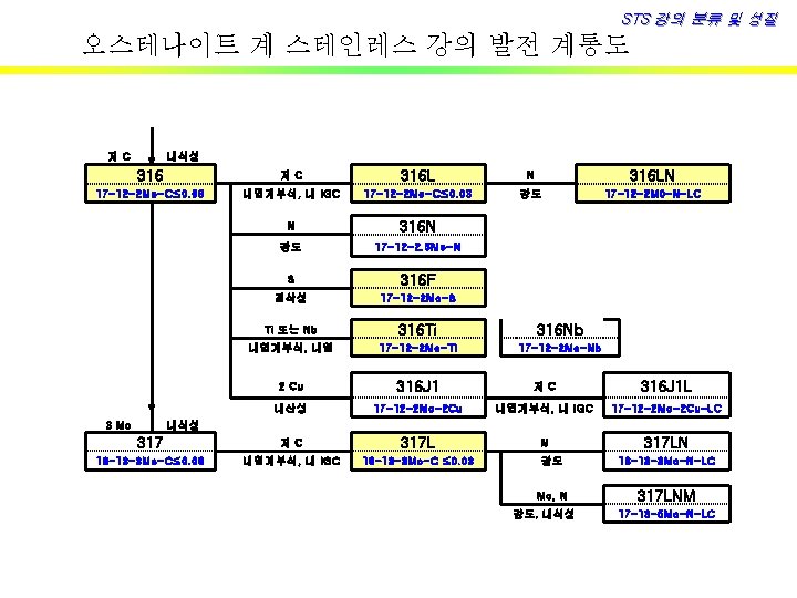 STS 강의 분류 및 성질 오스테나이트 계 스테인레스 강의 발전 계통도 저C 내식성 316